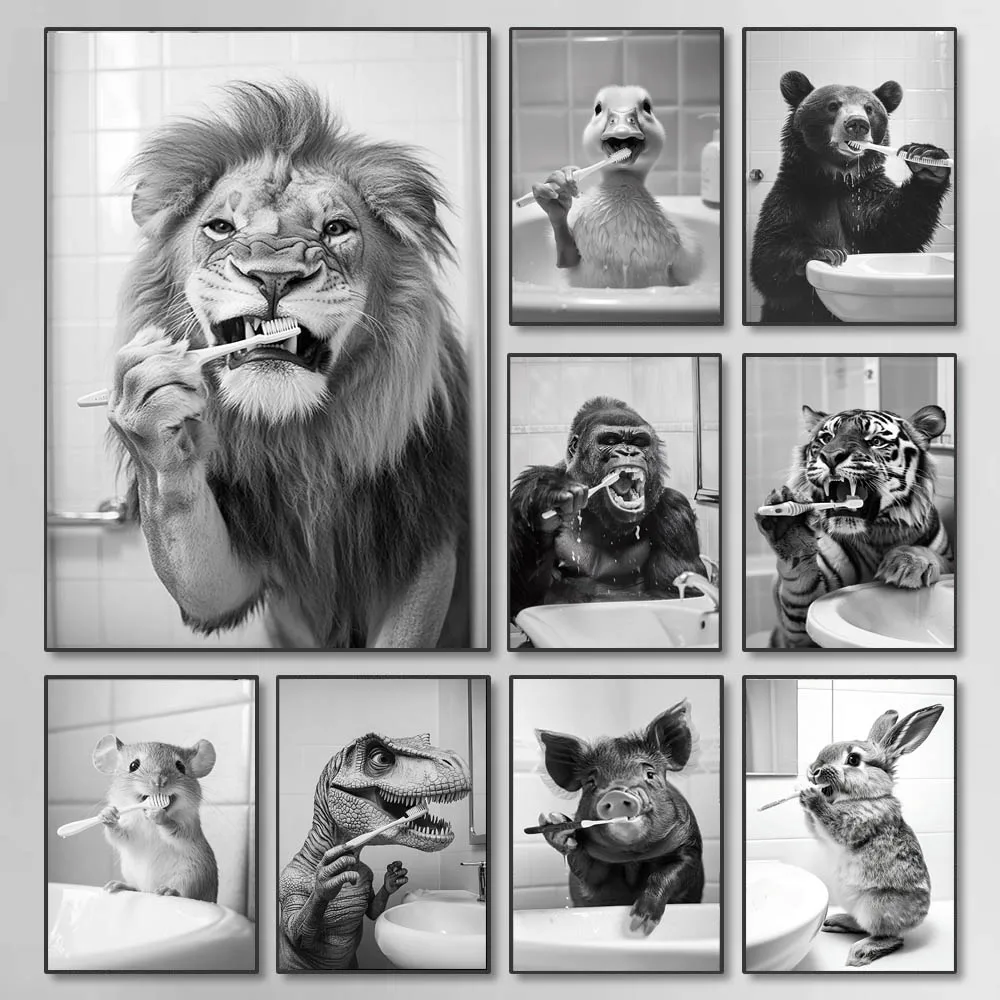 Black White Funny Bathroom Brushing Teeth Poster Vintage Style Animal Canvas Painting Print Wall Art Picture for Home Decoration