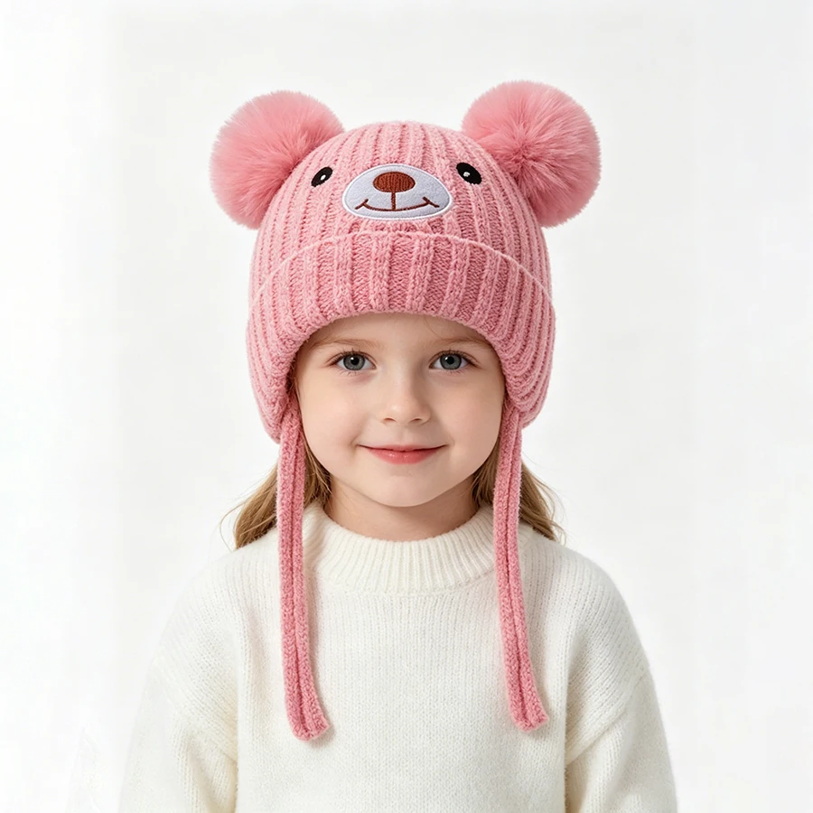 1-3 years old double-ear teddy bear embroidered and padded hat. Double ball embroidery design. Padded for warmth.