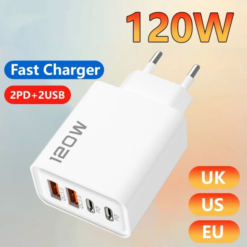120W 4 Ports USB Type C Charger Fast Charging Data Cable USB Phone Charger Adapter For Samsung iPhone Huawei Charger New