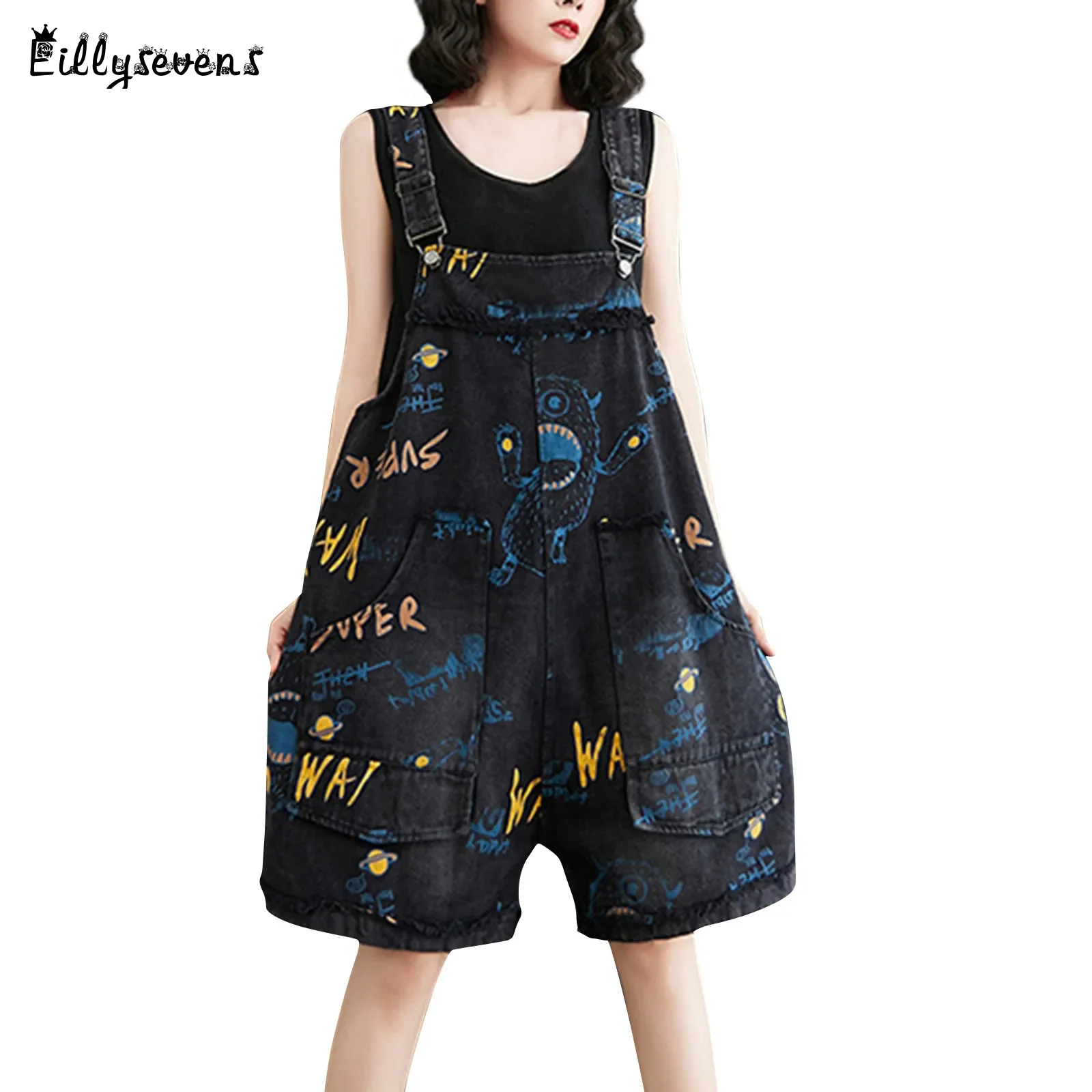 

Women'S Shorts Jumpsuits Fashion Loose Wide Leg Vintage Cartoon Graffiti Printed Denim Strappy Jumpsuits Summer Daily All-Match