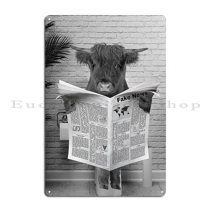 Scottish Highland Cow On Toilet Reading Newspaper Metal Plaque Personalized Living Room Custom Funny Custom Tin Sign Poster