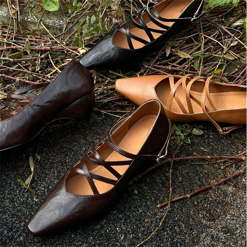 

2025 Spring New Women's Mary Jane Shoes Square Toe Wedge Heel Buckle Cross Strap Retro Elegant Office Female's Pumps Shoes