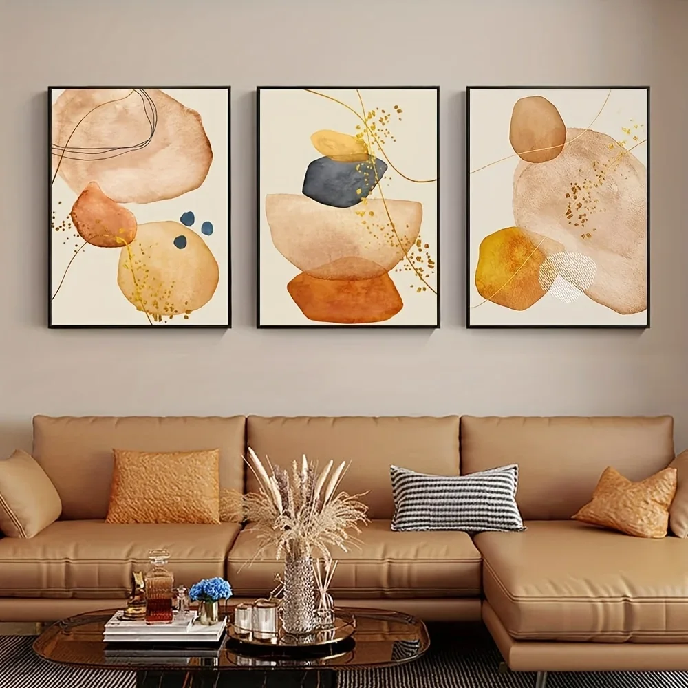 Multi-size 3PCS frameless high-definition decorative paintings,3PCS Nordic Abstract Watercolor Canvas Print, Warm Earth Tone Gol