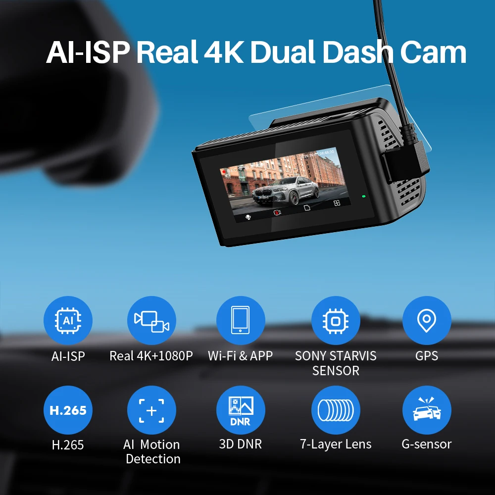 4K Dash Cam Front and Rear KAWA D11 WiFi Camera Car DVR GPS Video Recorder AI-ISP Color Night Vision Motion Detect Auto Dashcam