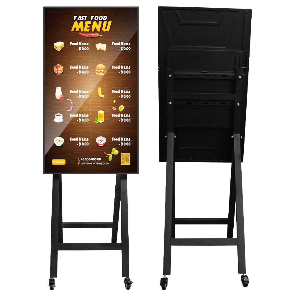 High resolution easy moved in wheels electric board android lcd portable battery powered digital signage