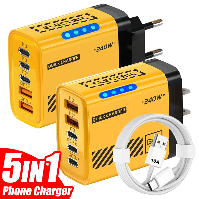 5 IN 1 240W Fast Charger PD USB C 5-Ports Charging Station for Samsung S24 Ultra Xiaomi Laptop MacBook Pro Air Tablet IPhone 16