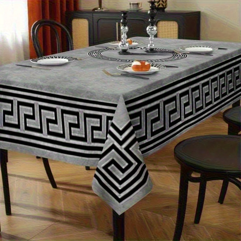1pc Retro Greek Key Pattern Tablecloth - Dark Gray and Black Vintage Table Cover - Suitable for Weddings and Partieszyc