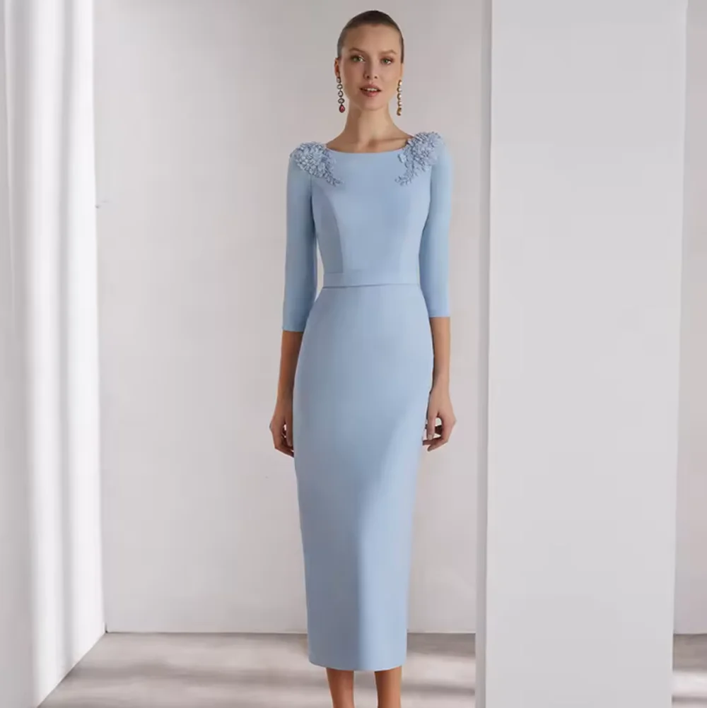 Vestido azul pálido para madre de la novia, personalizado, cuello redondo, apliques de cuentas, longitud del té, vestido de invitados de boda, vestidos de fiesta