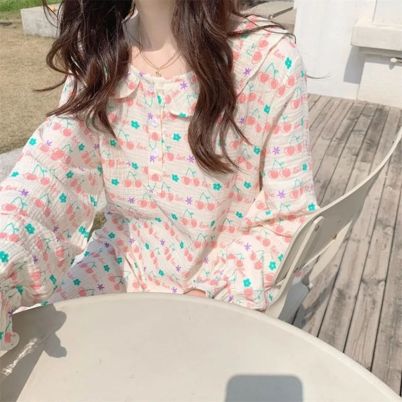 Cute Long Sleeve Pajamas Set Women Spring Autumn Sleepwear Suit 2024 New Slim Princess Nigthdress Girls Casual Loose Sleepshirts