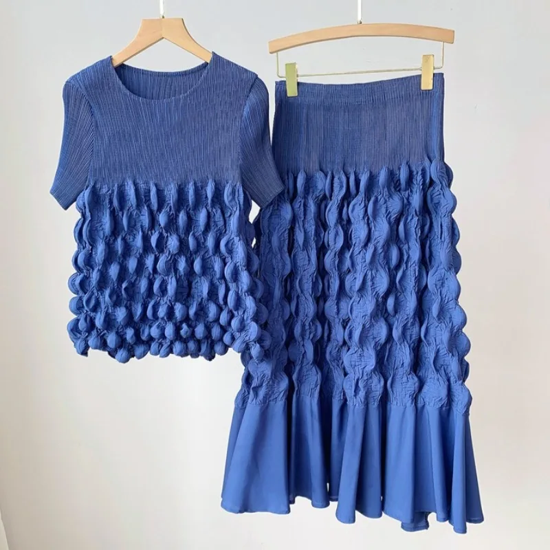 

Miyake пузырьковый топ ручной работы, женская летняя плиссированная футболка с короткими рукавами, эластичный пояс, полуюбка, повседневная одежда без морщин