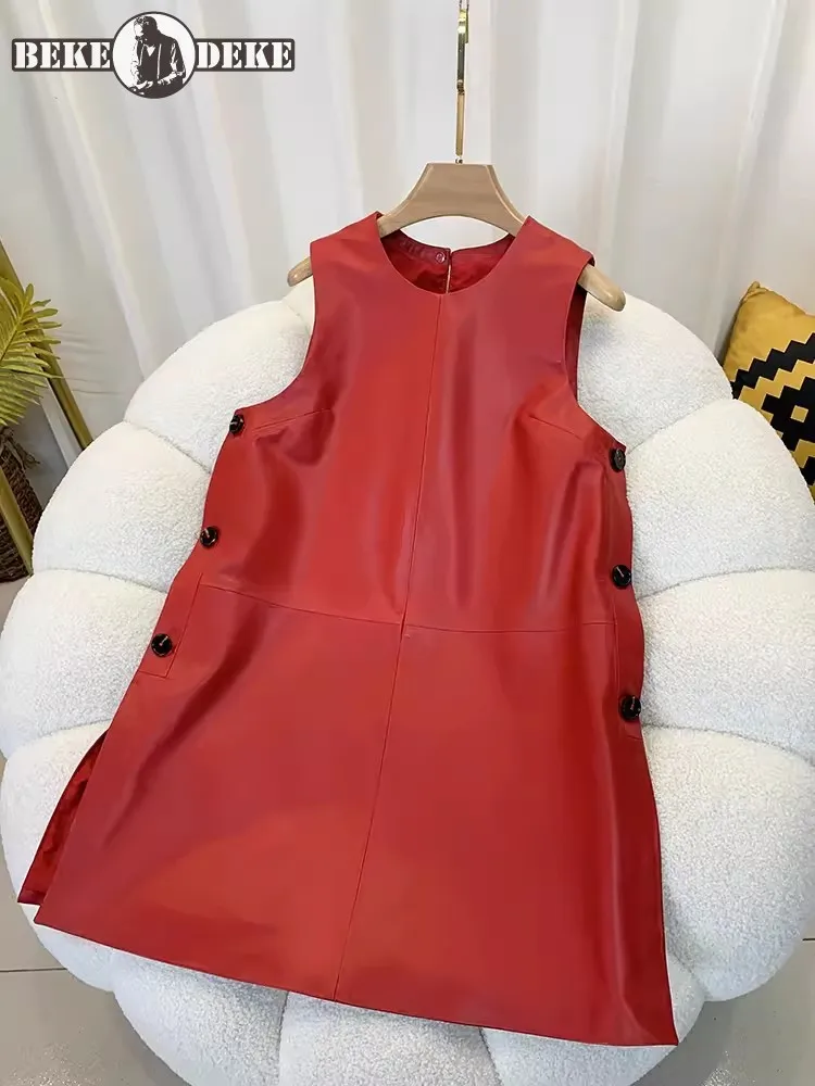 Elegancka damska z dekoltem A linia guziki boczne z owczej skóry prawdziwa skórzana sukienka dama bez rękawów Sundress pulower średniej długości sukienka bez rękawów