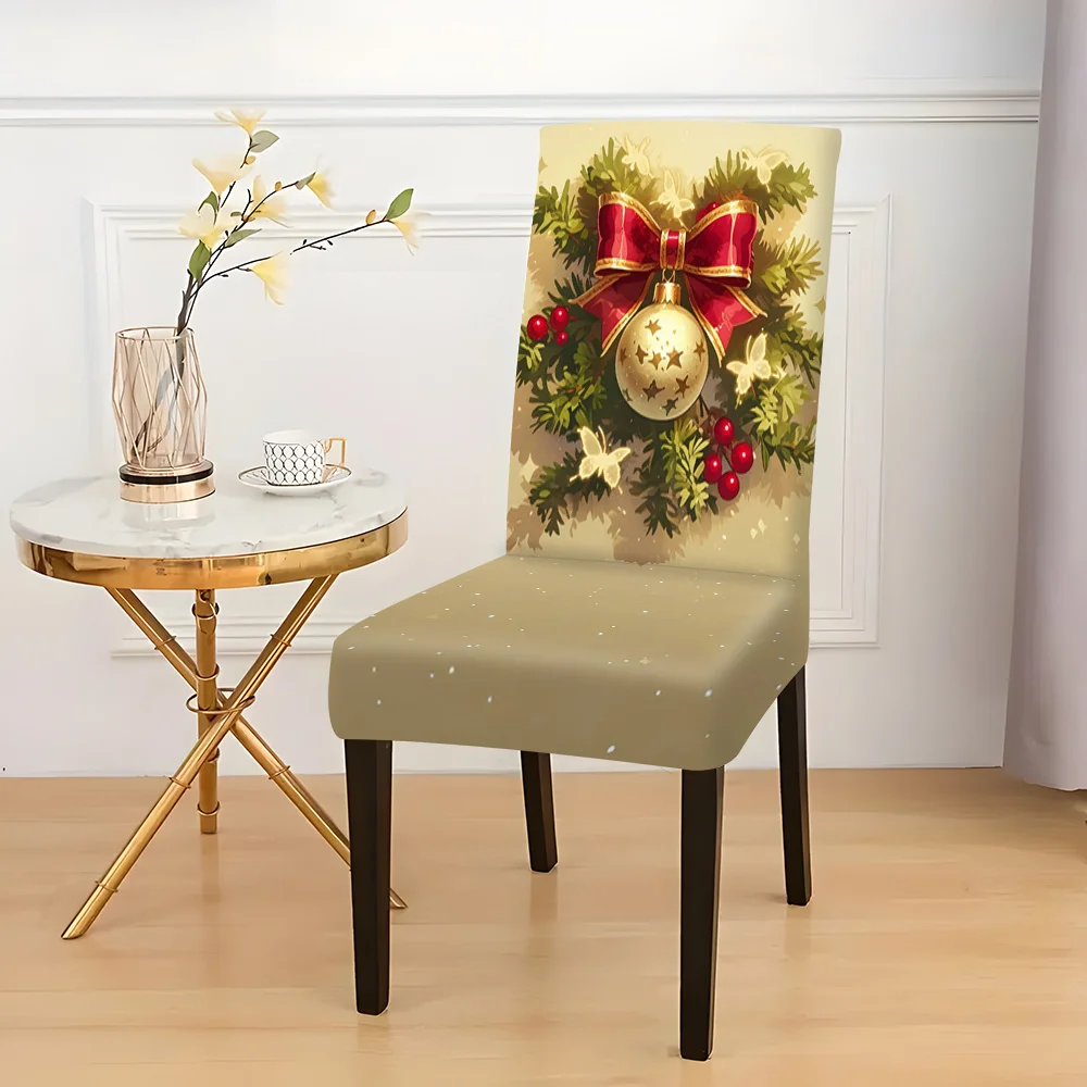 Light Khaki Base Red Bow Golden Bauble Butterfly Christmas Print Stretch Dining Chair Cover
