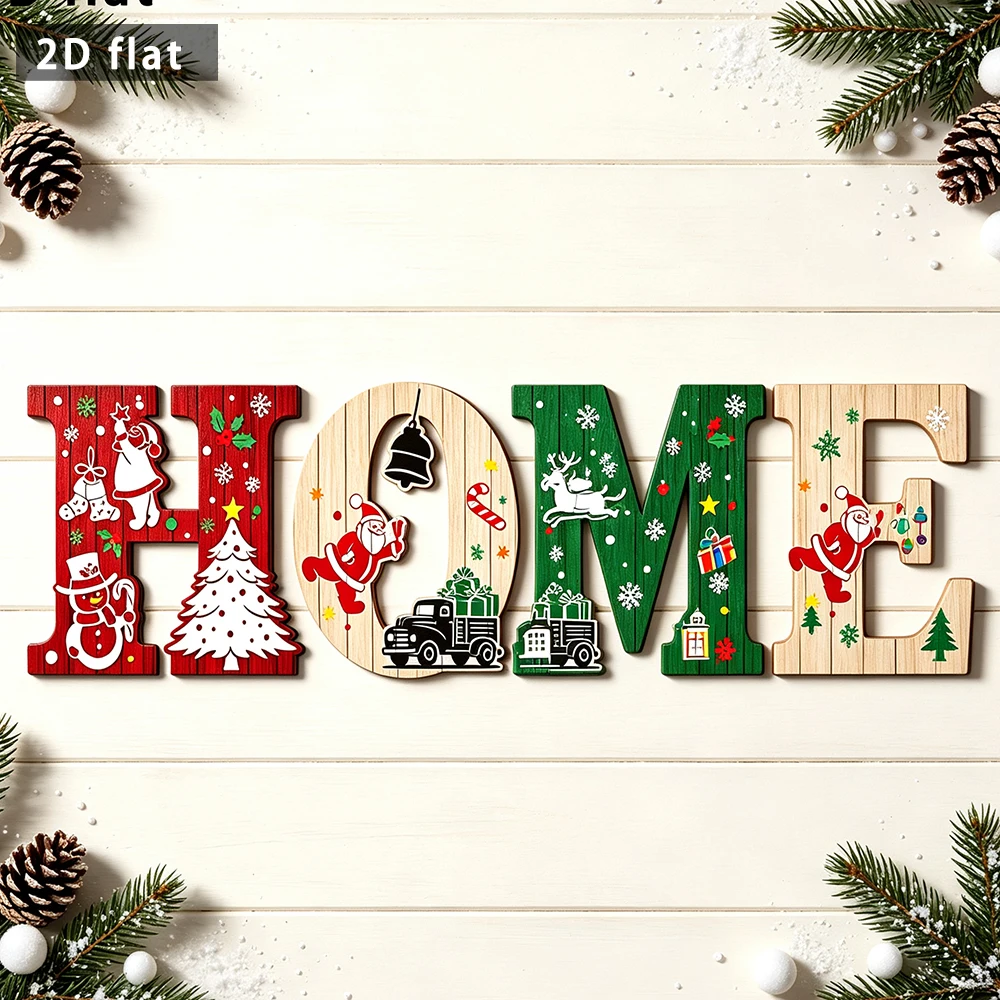 Wooden HOME Letter Wall Sign, 2D Flat Christmas Santa Tree Print Plaque, Freestanding & Hanging Xmas Home Decor