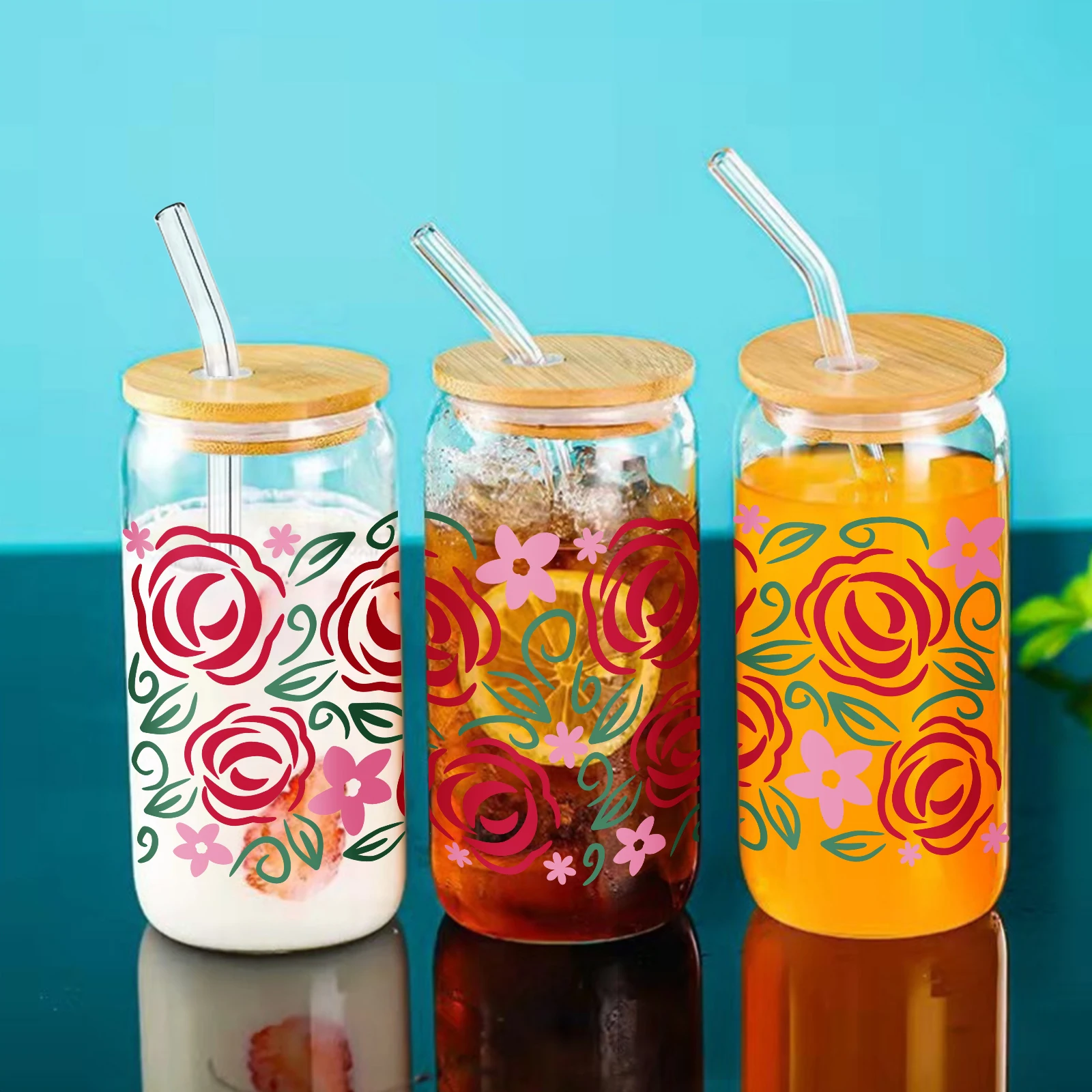 

1pc Rose Pattern 3d Printed 16oz Beer Can Glass With Lid And Straw Soda Can Glass Juice Coffee Cup Glass Tumbler Gifts For Girl