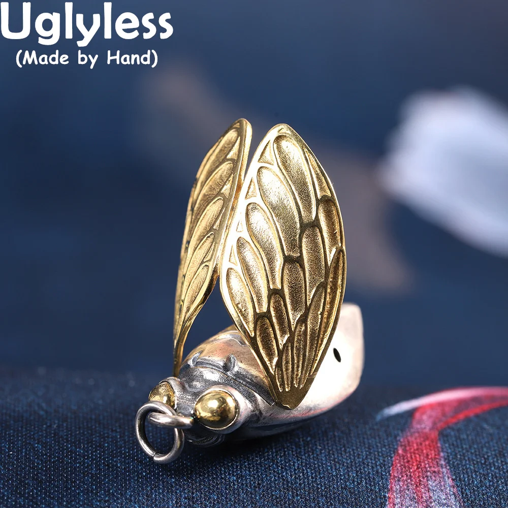 

Uglyless Vivid Bee Cicada Pendants Men Cool Animals Creative Necklaces Movable Cicada Wings Insects Jewelry 925 Silver No Chains