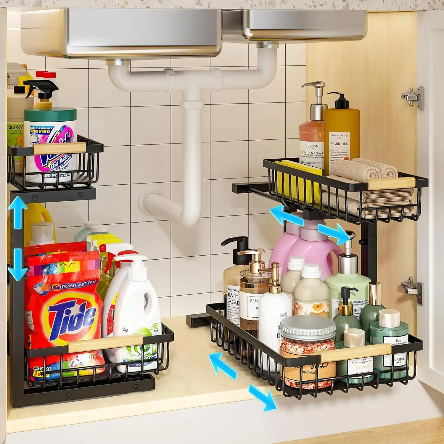 Under Sink Organizer, 2 Pack Height Adjustable Under Sink Organizers and Storage, 2 Tier Pull Out Drawer Cabinet Organizer