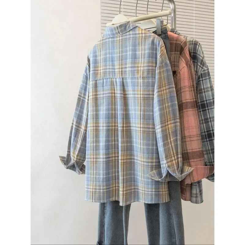 حجم كبير أزياء المرأة خمر كم طويل زر متابعة منقوشة قميص امرأة الموضة العصرية شارع العليا بلوزة فضفاضة قمم