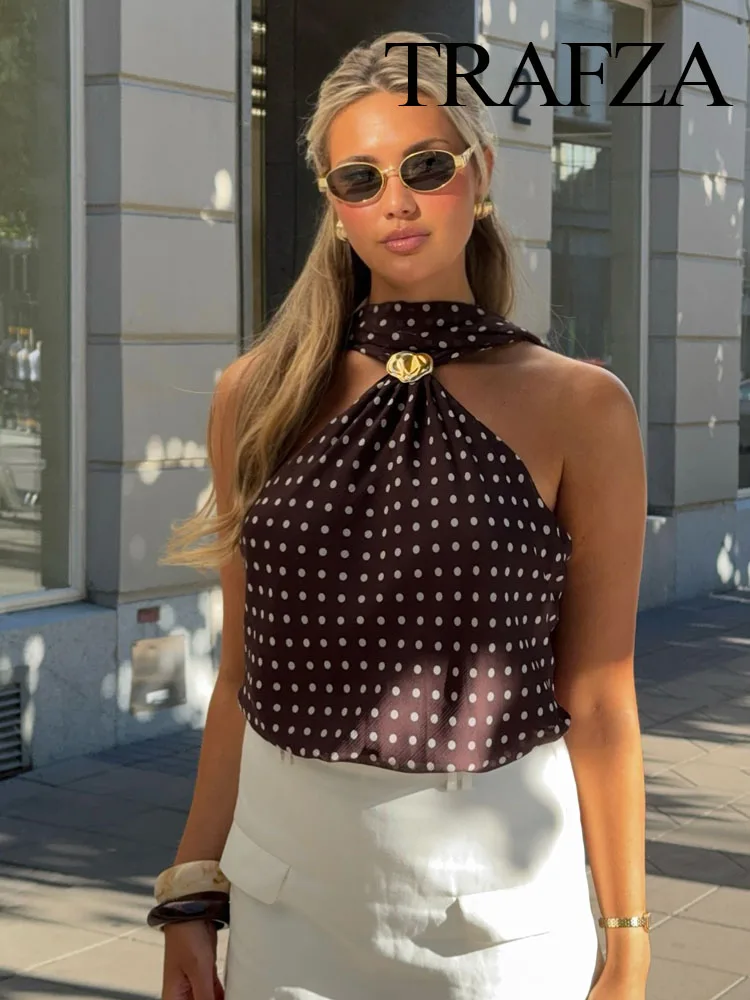 

TRAFZA женский модный шарф с принтом в горошек, тонкий топ с металлической пряжкой, женский летний сексуальный топ без рукавов с открытой спиной и шеей, вечерние топ с лямкой на шее
