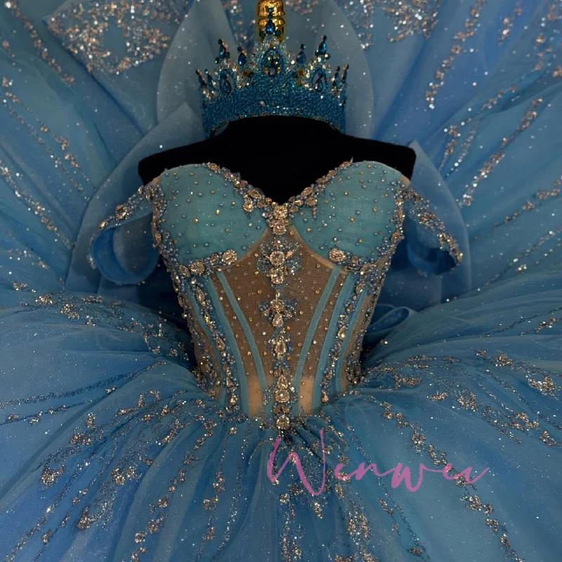 cinderella blue quinceanera dresses Sophie Customized Sky 3D Floral Beaded Dress Exquisite Off Shoulder Bow Princess Ball Gown Long Stunning Sweet Quinceanera Process Time price-Full Price Size:12 (Child) Sweet 15 What to Wear for