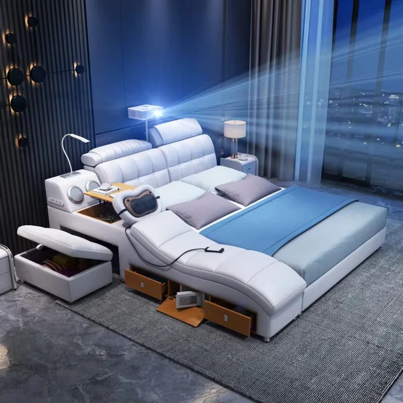 

Multifunctional Smart Bed with Massage and Projector Frame Leather Double Bed Modern Bedroom Furniture Set