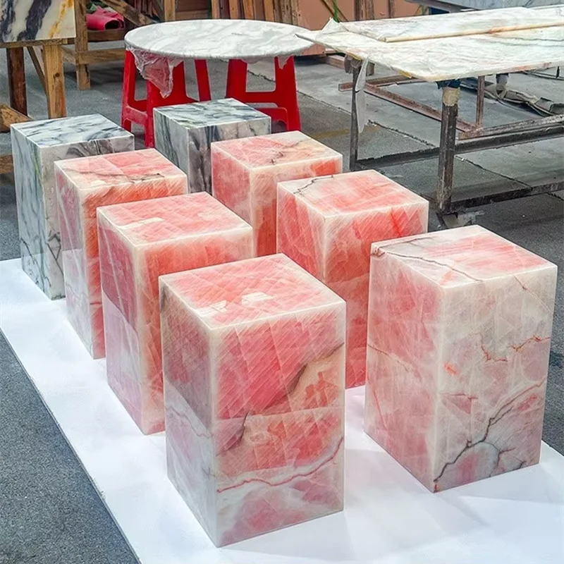 Modern Luxury Marble Side Table Pink Jade Coffee Table for Living Room Pinks Onyx Polished Surface Marble Plinth Flower Stand