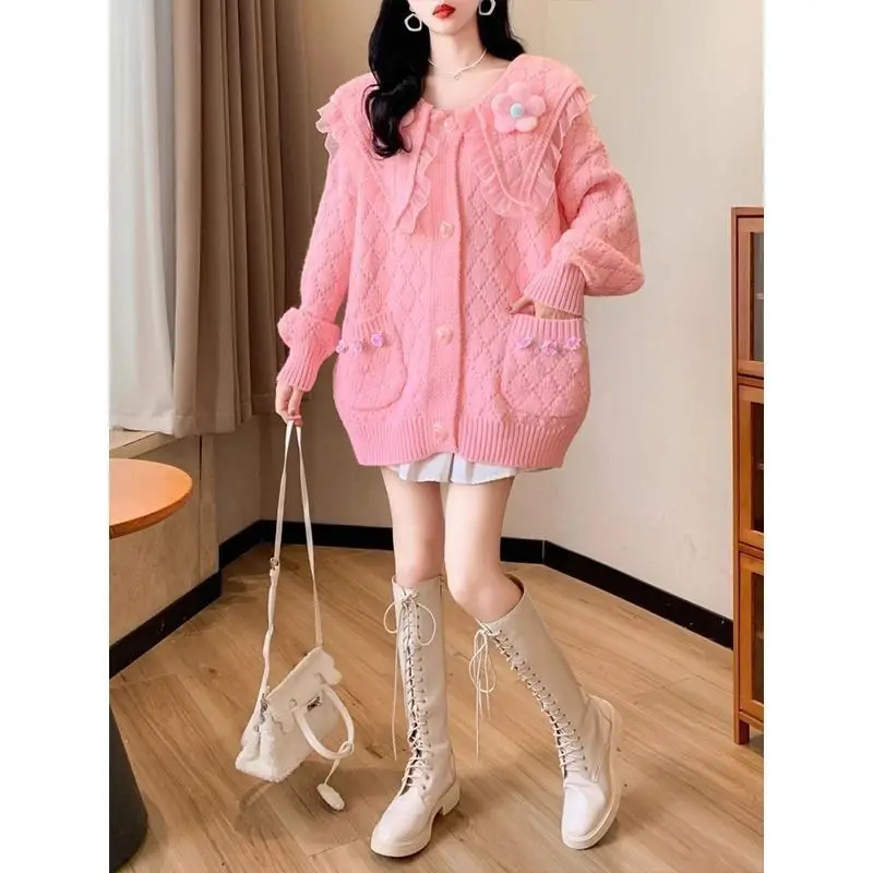 Autumn and Winter New Sweet Knitted Korean Cardigan with Lazy Style and Versatile Internet Celebrity Design Sense Sweater