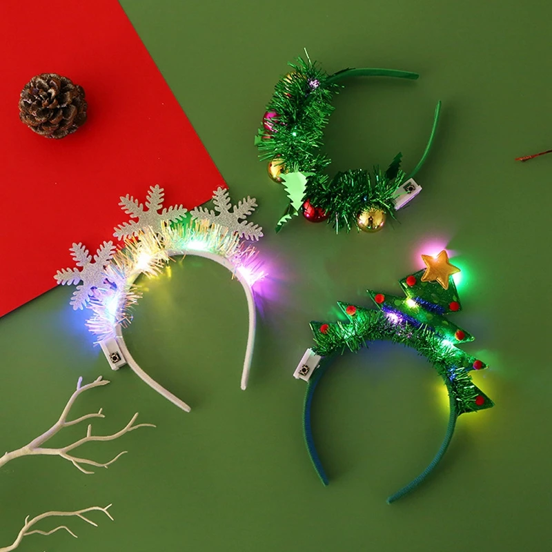 LED Light Christmas Headband Elk Horn Snowflake Xmas Tree Headware 2023 Christmas Decorations for Home Girls Women New Year Gift