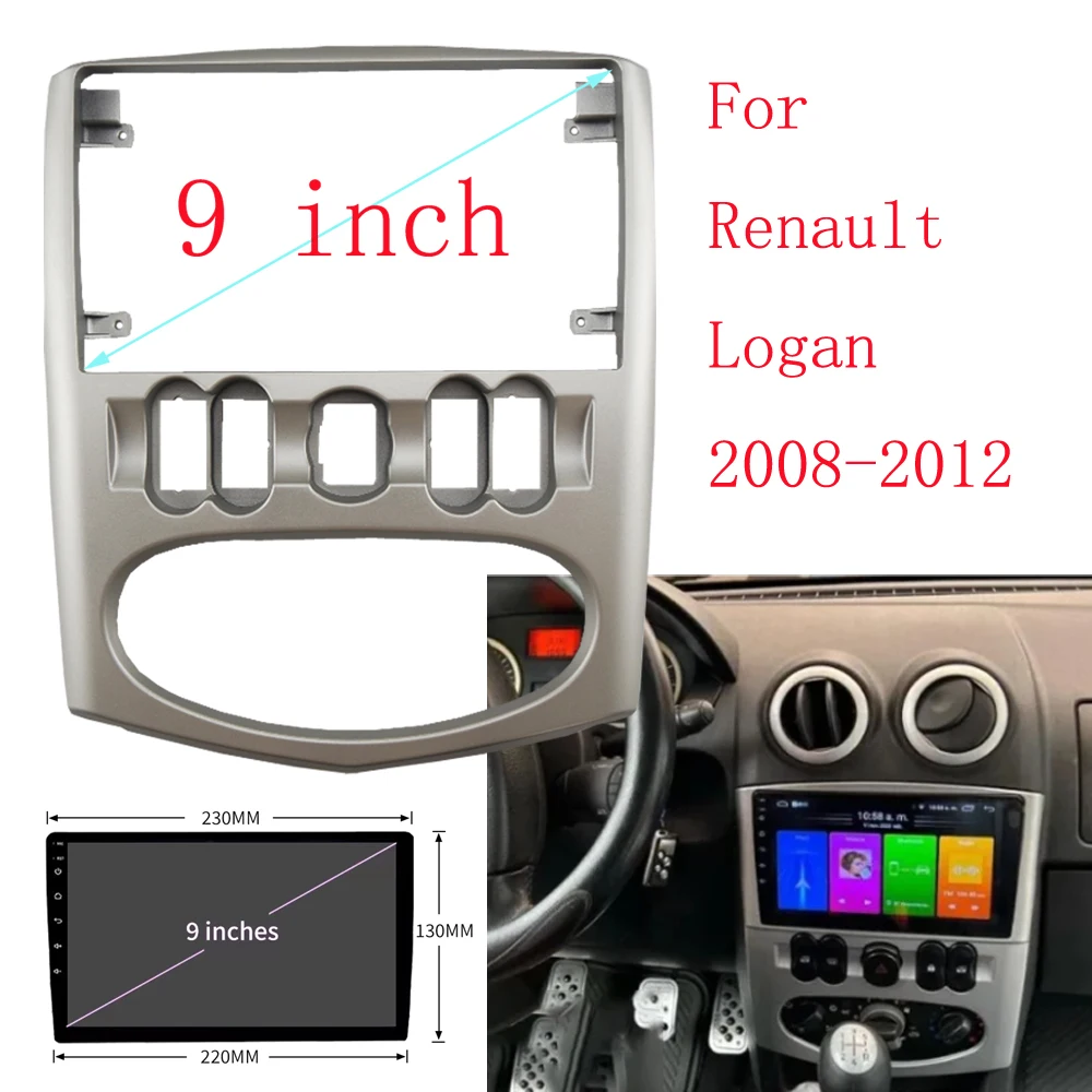 Car Accessory Double Din 9 Inch Radio Plastic Fascia Panel Frame for Renault LOGAN SANDERO 1.6 2008-2012 Dashboard Mount Kit