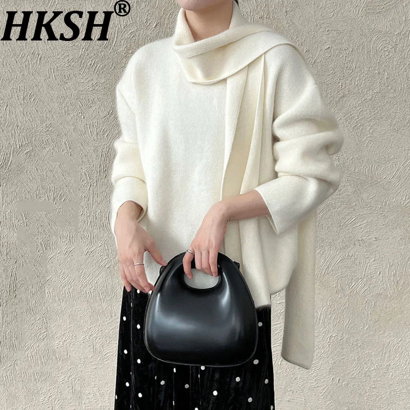 

HKSH осень-зима новый женский свитер с круглым вырезом шарф с длинным рукавом сплошной цвет элегантный нежный модный повседневный вязаный топ HK13335