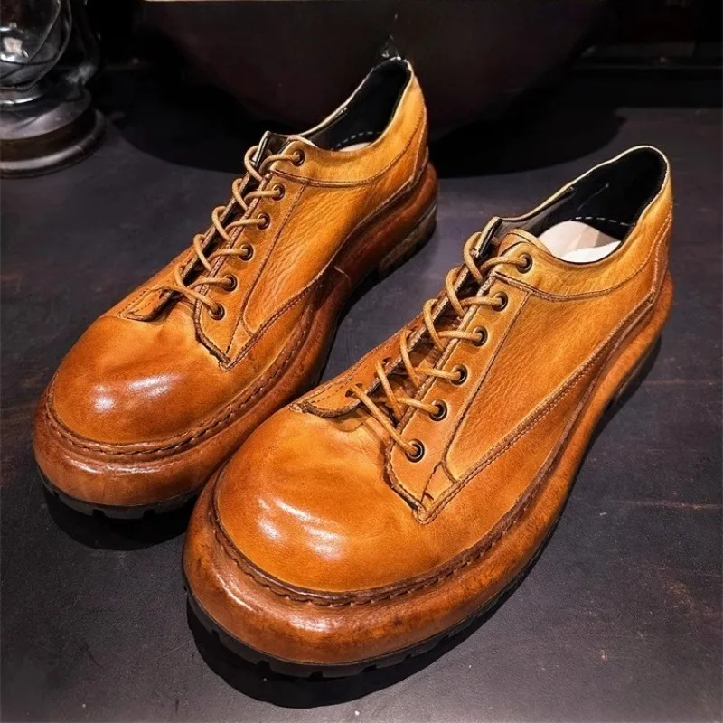 

Коричневые повседневные кожаные туфли ручной работы в британском стиле, мужские туфли дерби в стиле ретро, рабочая обувь из воловьей кожи с большим носком, Zapatos Hombre