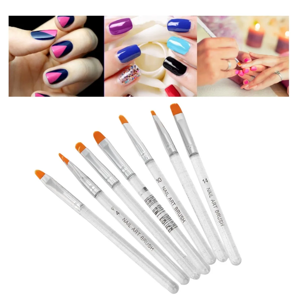 7pcs Transparent Handle Oval Builder Gel Nail Brush Set Nylon Oval Shape Multi-size UV Gel Manicure Painting Brushes Silver