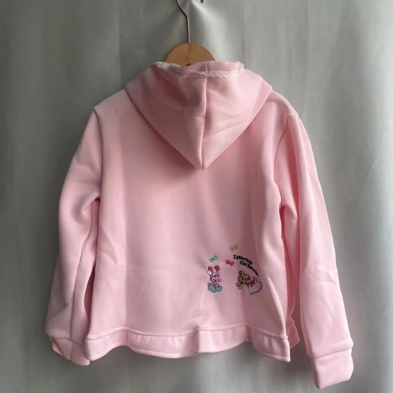 Sweet Girl Hoodie Pink Cartoon Bunny bear Embroidered Lace Edge Cute Zipper Cardigan Coat Y2k Kawaii Sweatshirt 2024 Autumn New