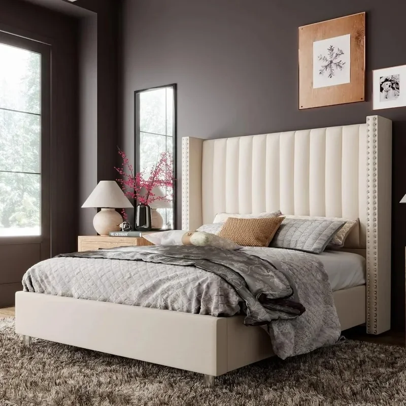 

Velvet Upholstered Platform Bed with Tall Wingback Headboard, Channel Tufted Design, No Box Spring Required, Queen Size