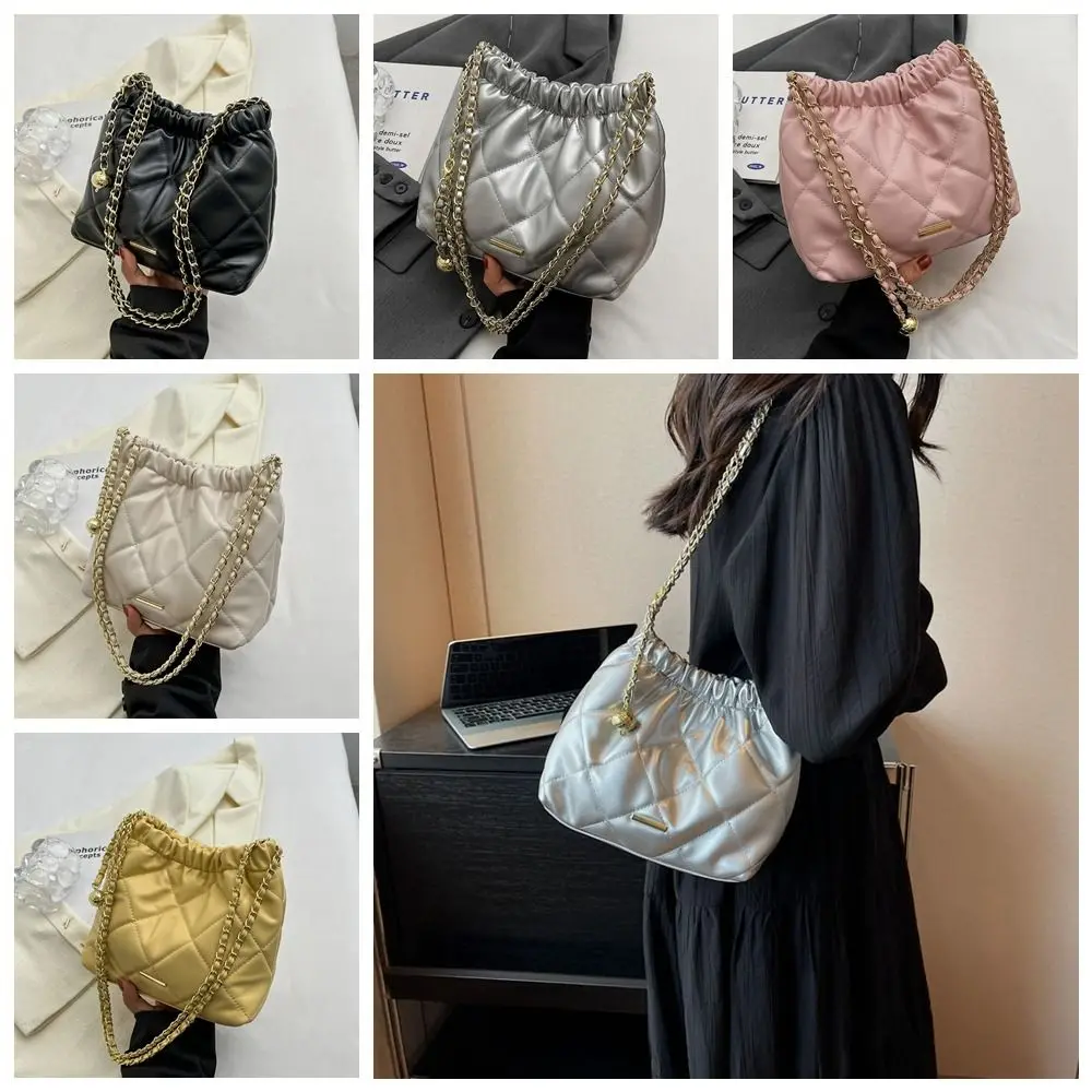 

Casual Pu Leather Rhombic Lattice Chain Shoulder Bag Silver Underarm Bag Bucket Bag Handbag Crossbody Bag Students