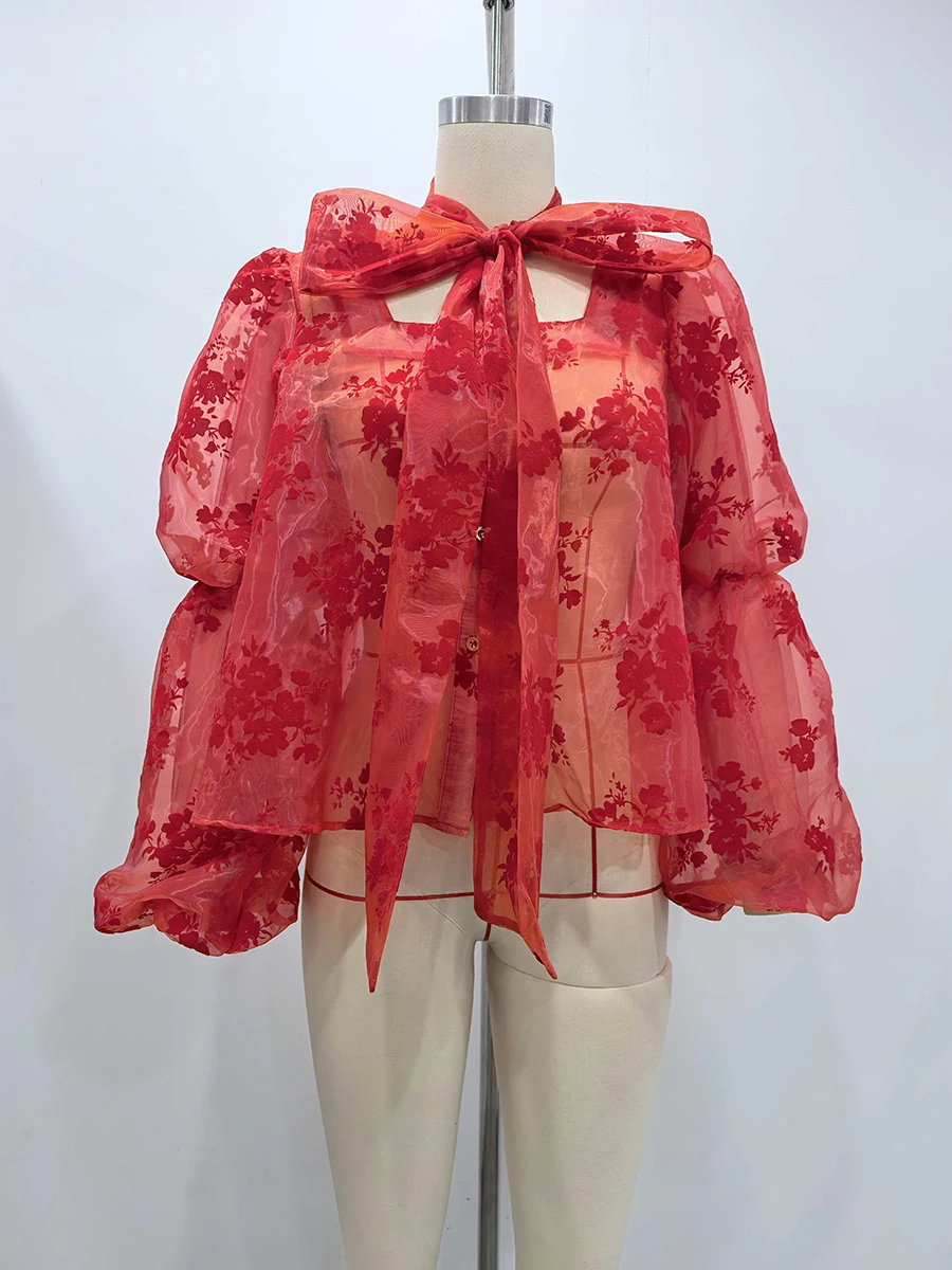 VGH أنيقة الأزهار الطباعة الشيفون قميص للنساء وشاح طوق الجوف خارج تصميم نفخة الأكمام بقماش شفاف مثير بلوزة الإناث جديد #5