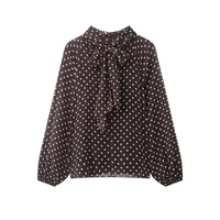 2026 Elegant Women Polka Dot Blouse, Spring Bow Tie Lantern Sleeve Layered Neck Chiffon Shirt, Casual Daily Office Top - Image 4