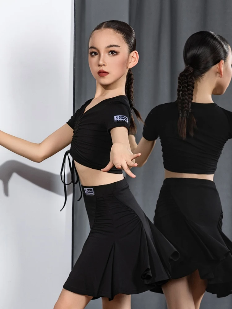 2025 New Latin Dance Performance Costumes For Girls Black Tops Split Skirts Suit Chacha Rumba Tango Kids Latin Clothes DQS20230