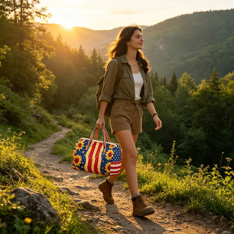 2Pcs Sunflower American Flag Travel Duffel Bag, Patriotic Print Weekender Tote with Free Cosmetic Bag, Large Capacity Overnight