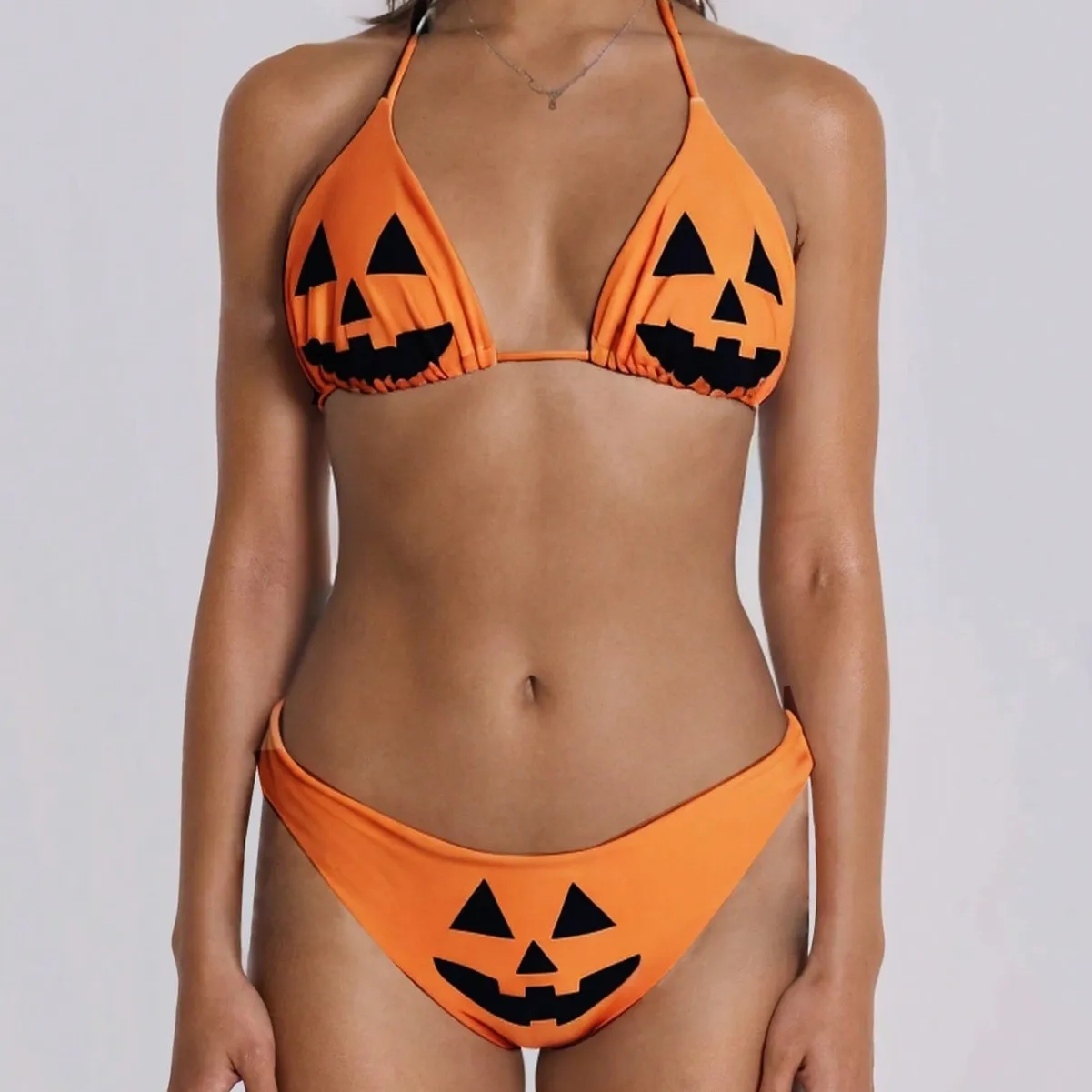 New European Bestseller: Sexy Women's Split Bikini, Halloween Pumpkin Head Custom Print Tie Style