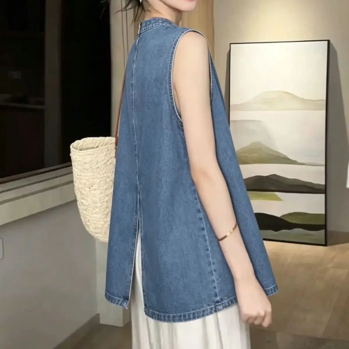 Women Summer New Loose Casual Rear Split Thin Denim Temperament Top