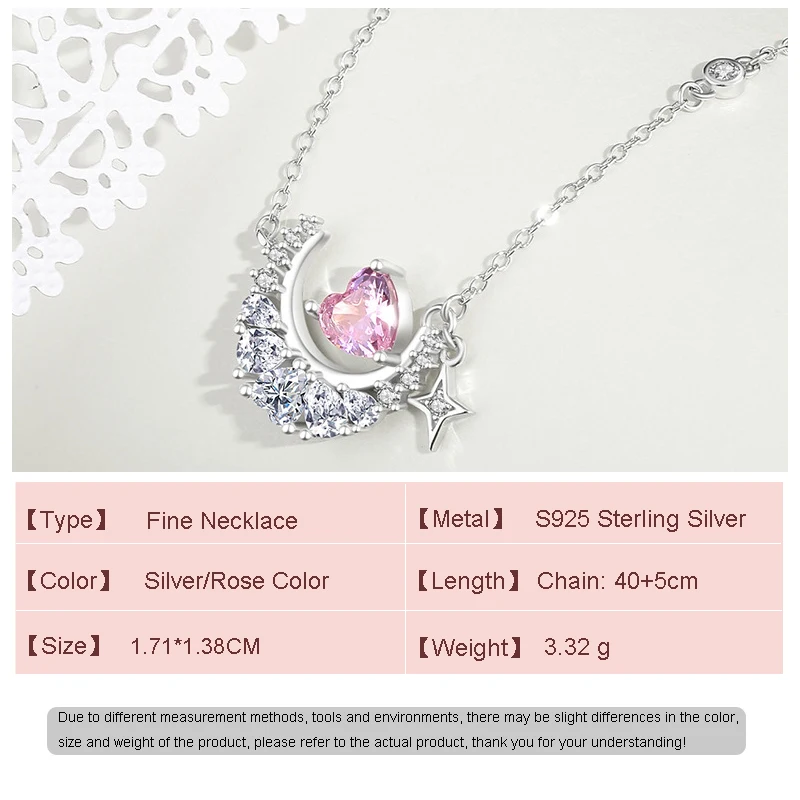 JIALY European Pink CZ Moon Heart S925 Sterling Silver Necklace Chain For Women Birthday Party Gift Wedding Jewelry