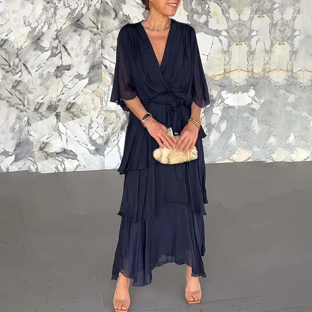 Vestido de casamento de chiffon fluido feminino plissado meia manga império cintura ruched envoltório vestido com decote em v em camadas vestidos de balanço roupa feminina