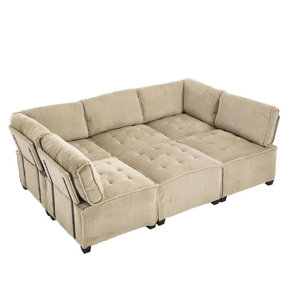 Sofa Modulares 6-Sitzer-Sofa, Kordelstoff, ergonomisch, Aufbewahrungstaschen, flexibel kombiniert als U-Form/L-Form/Sofabett – Detail 34