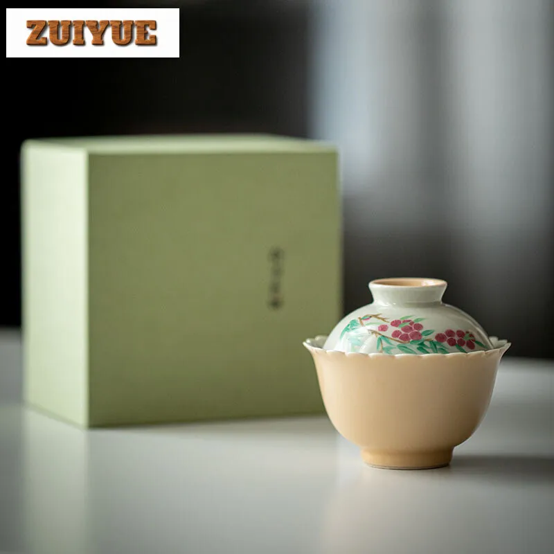 

120ml Apricot Yellow Handmade Cover Bowl Household Handpainted Lichee Gaiwan Japanese Tea Tureen Tea Maker Tea Ornaments Gifts