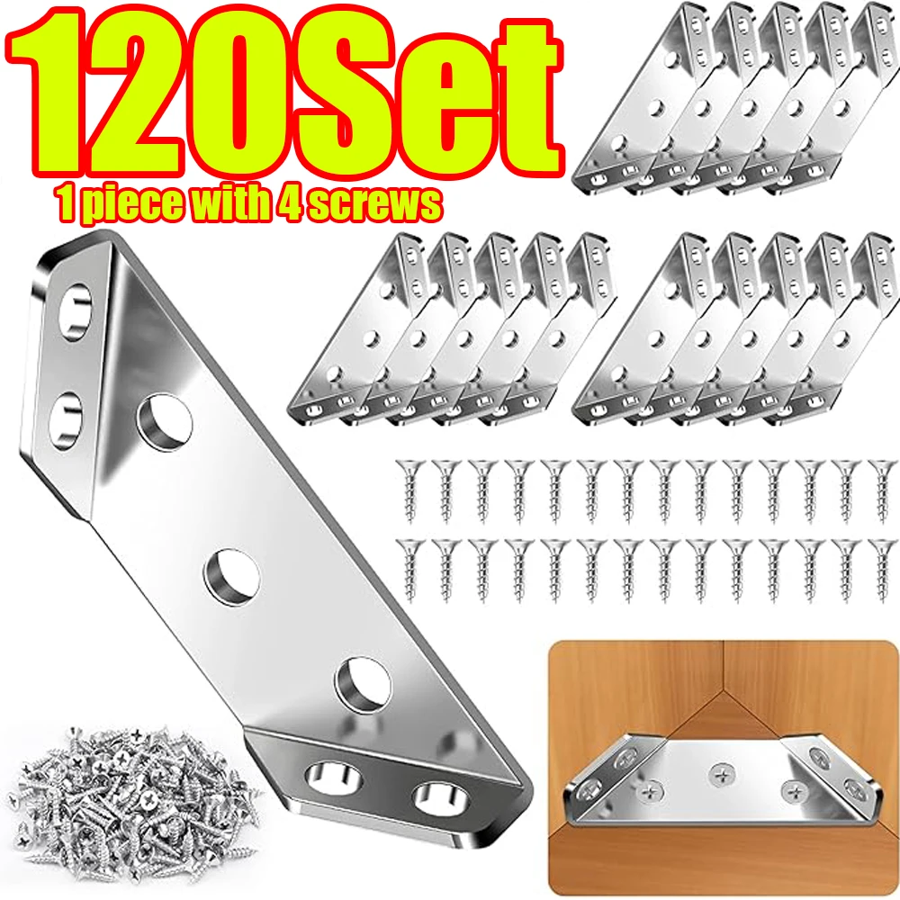 1-120Set Furniture Corner Connector Stainless Steel Angle Code for Cabinet Angle Shelf Support Fixed Brace Kits with Screw