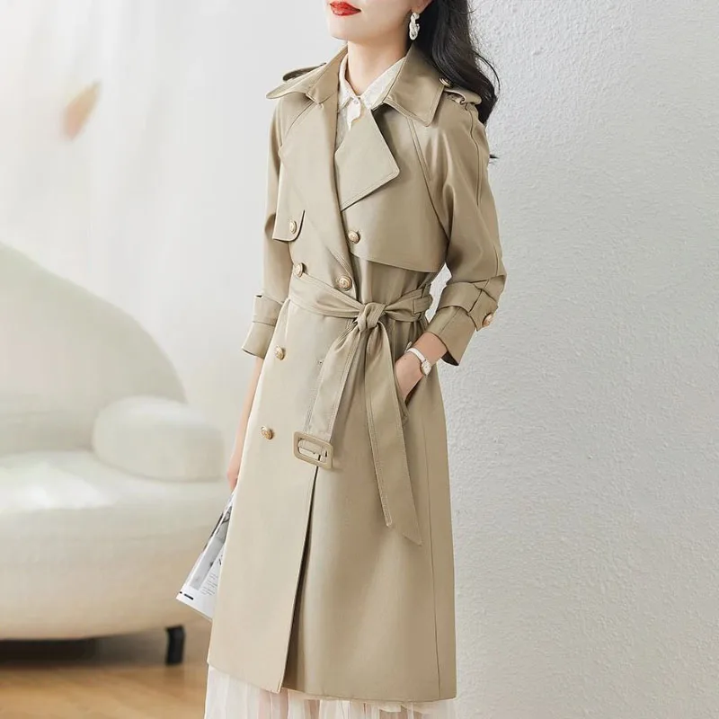 Trench-coat décontracté mi-long pour femme, pardessus croisé, veste coupe-vent, ceinture, mode, automne, printemps, nouveau, 2024