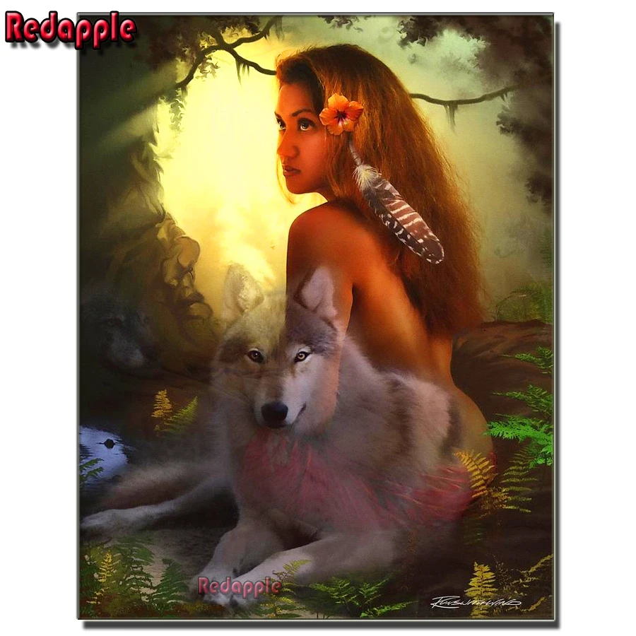 Full Square or Round Diamond Painting, Mosaic Decor, Diamond Embroidery, Sexy Indian Lady & Wolf, Cross Stitch Kit, DIY, Beautif