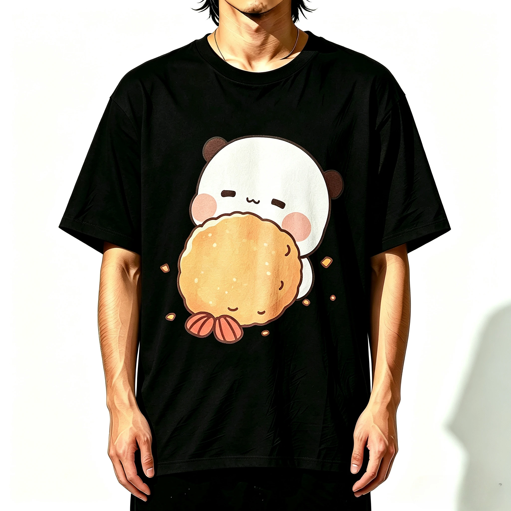 Cartoon Unisex Loose Short Sleeve Modal T-Shirt Adorable Panda With Fried Food Graphic Tee Daily Casual Summer Tops