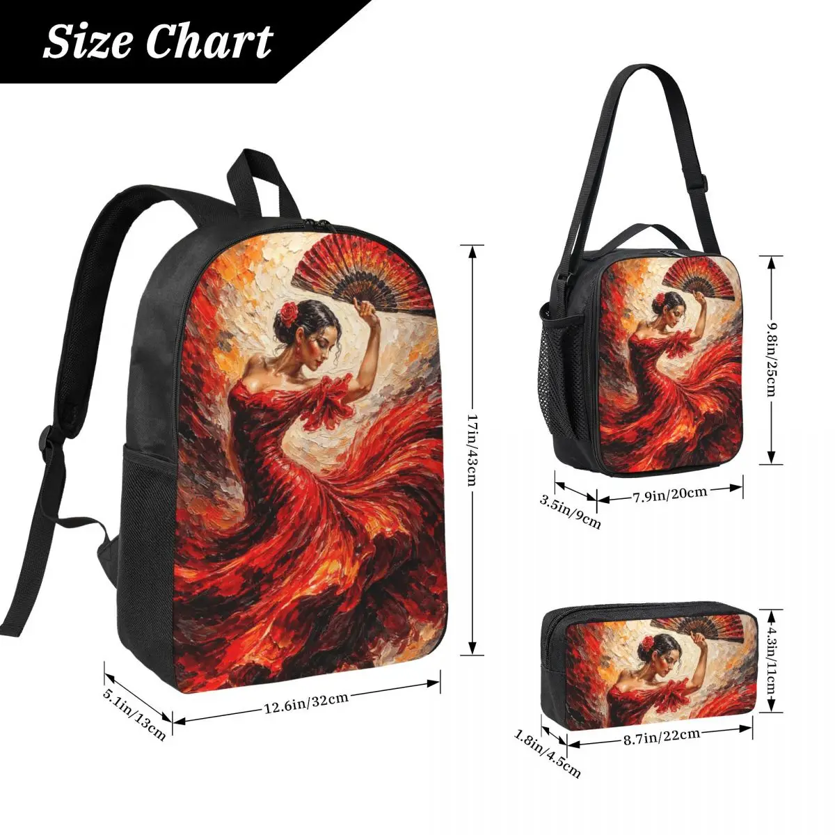 Vibrant Flamenco Dancer Backpack Boys Girls BookBag School Bag Laptop Shoulder Bags 3ps Insulated Lunch Bag Pencil Case