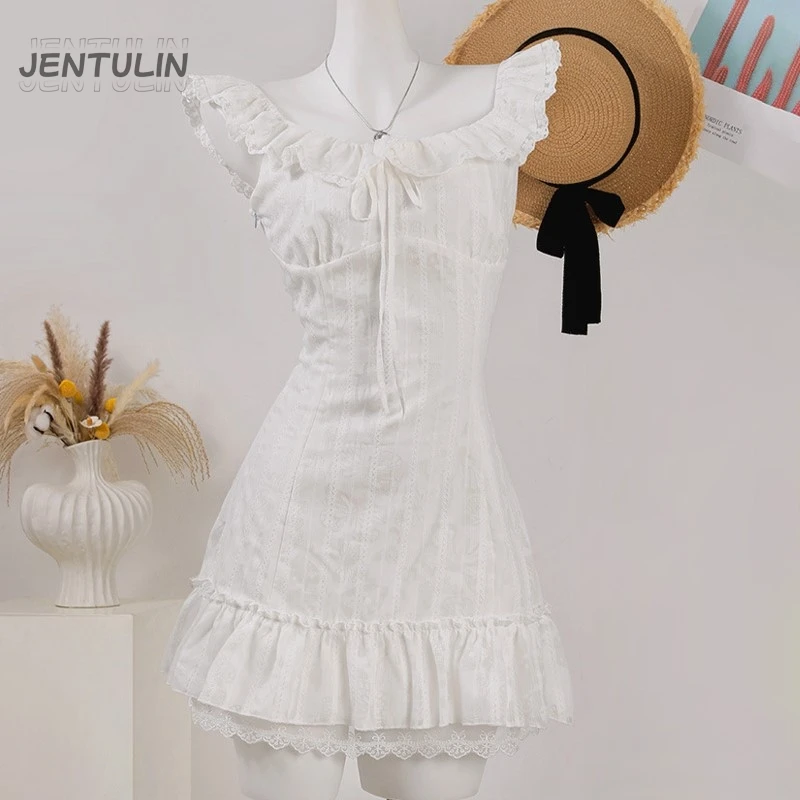 

Korean Sweet Lace Short Dress Women College Style Elegant Spring Summer New A-line Dresses Sexy Design White Casual Y2K Clothing